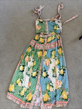 Rose & Olive Lemon Floral Button-Front Skirt in Yellow, Green & Pink